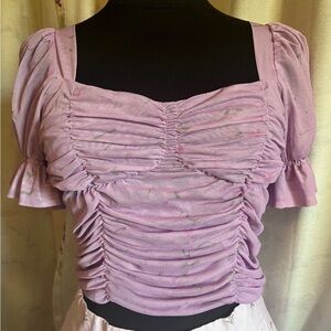 Pretty Lilac Floral Ruched Square-Neck Crop Top